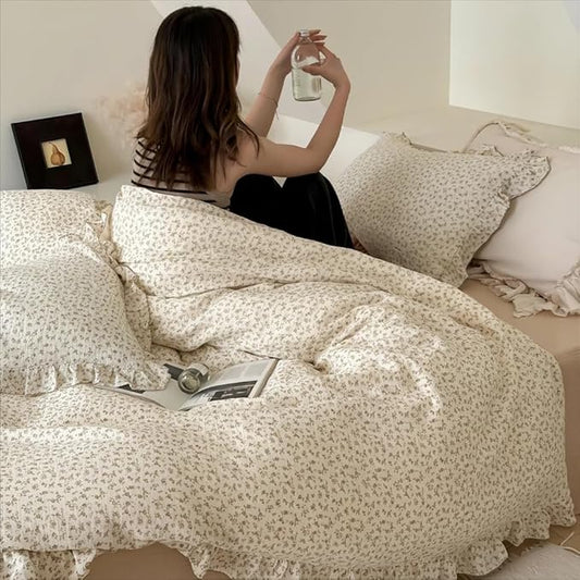 Vintage Floral Design Kids Duvet Cover Twin Cottage Camellia Print Comforter Cover with Ruffles Soft Muslin Cotton Quilt Cover for Girls Boys, Zipper & Corner Ties, No Pillowcase