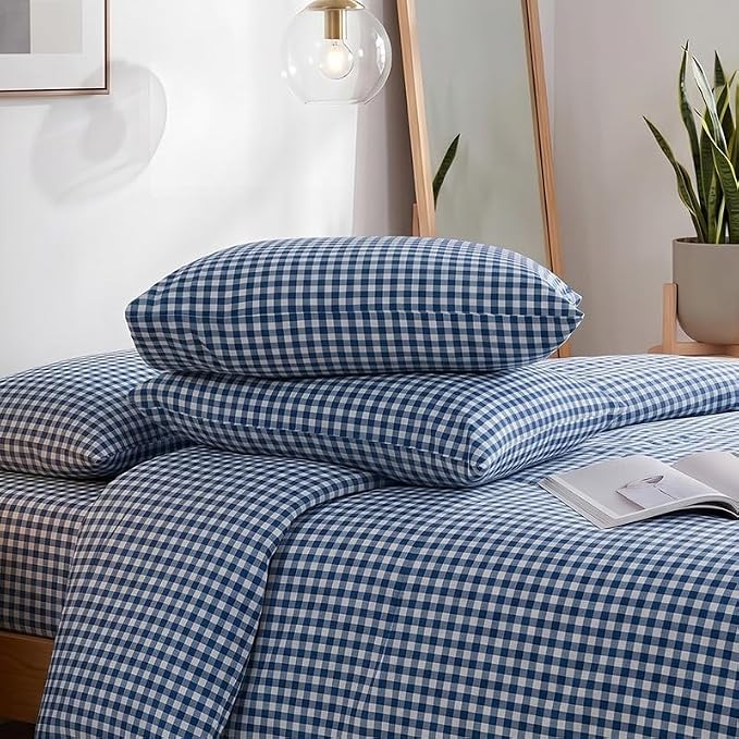 NEXHOME PRO Blue Gingham Duvet Cover King, 100% Washed Cotton Like Linen Feel Organic Natural Bedding Set 3 Piece Navy Vintage Plaid Checkered Comforter Cover Set (No Comforter) 10490