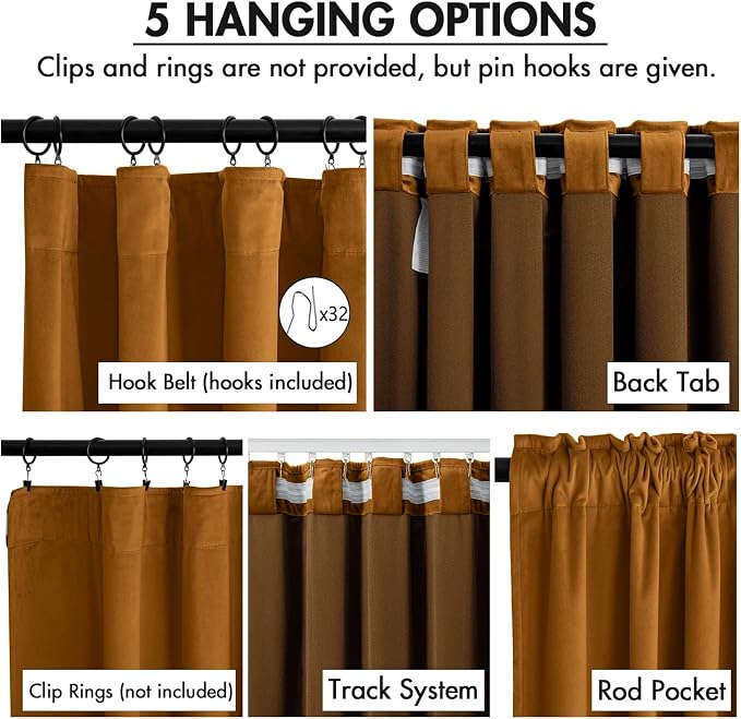 MIULEE Velvet Curtains 50W x 90L 2 Panels Golden Brown Blackout Curtains | Luxury velvet fabric, pinch pleat design, back tab hooks, thermal insulated, blackout light blocking, for living room bedroom