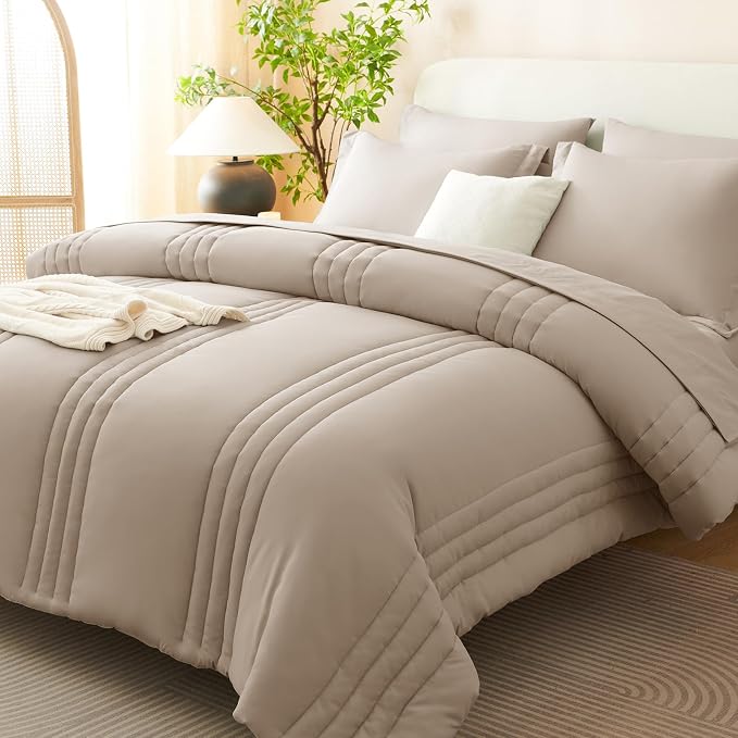 Full Size Comforter Sets Wheat- 7 Pieces Bed in a Bag | OEKO-TEX Certified, 240GSM Down-Alternative Comforter, 14" Deep-Pocket Sheets, Shams & Pillowcases, Lightweight