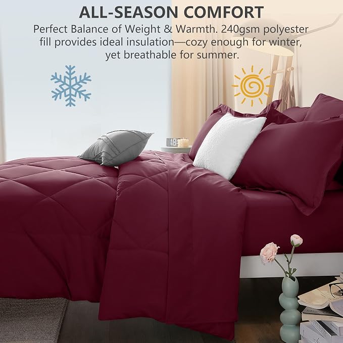 King Size Comforter Set Burgundy - 7 Pieces Complete Bedding Set | OEKO-TEX Certified, All Season, 240GSM Down-Alternative Comforter, Sheets, Pillowcases & Shams, 14" Deep Pocket, Easy Care