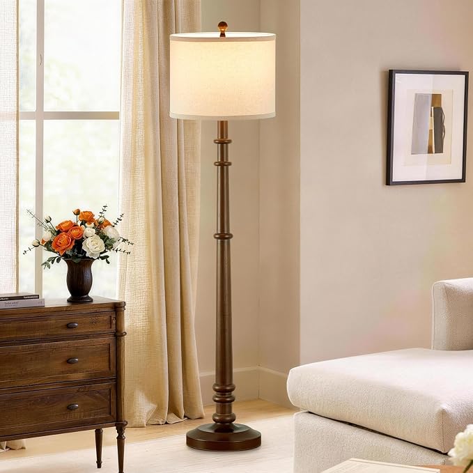 Floor Lamps for Living Room - 60" Farmhouse Floor Lamp with Adjustable Color Temperatures - Vintage Standing Lamp Reading Light with Linen Shade Rustic Tall Lamp for Bedroom Office, Wood , Walnut