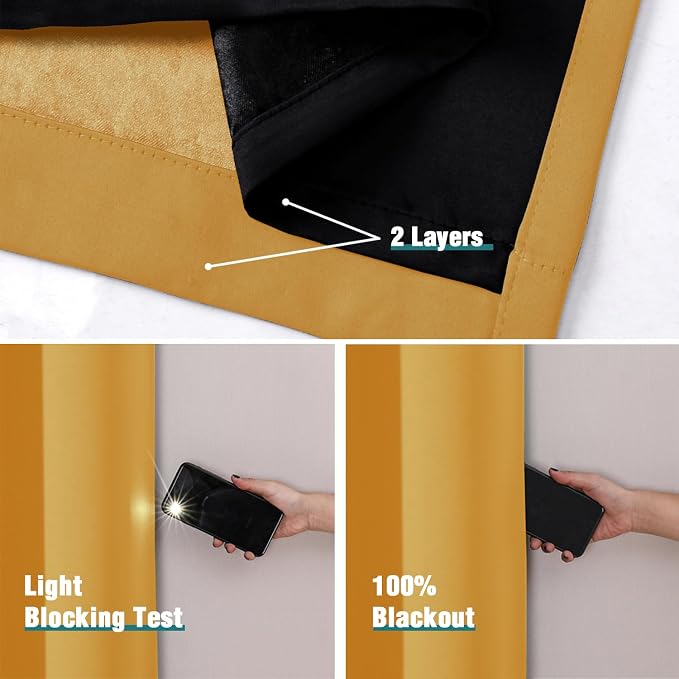 ChrisDowa 100% Blackout Curtains for Bedroom 80 Inches Long 2 Panels Set | 2 Thick Layers Total Light Blocking Thermal Insulated Grommet Window Curtains for Living Room, Mustard Yellow, 52 x 80 Inch