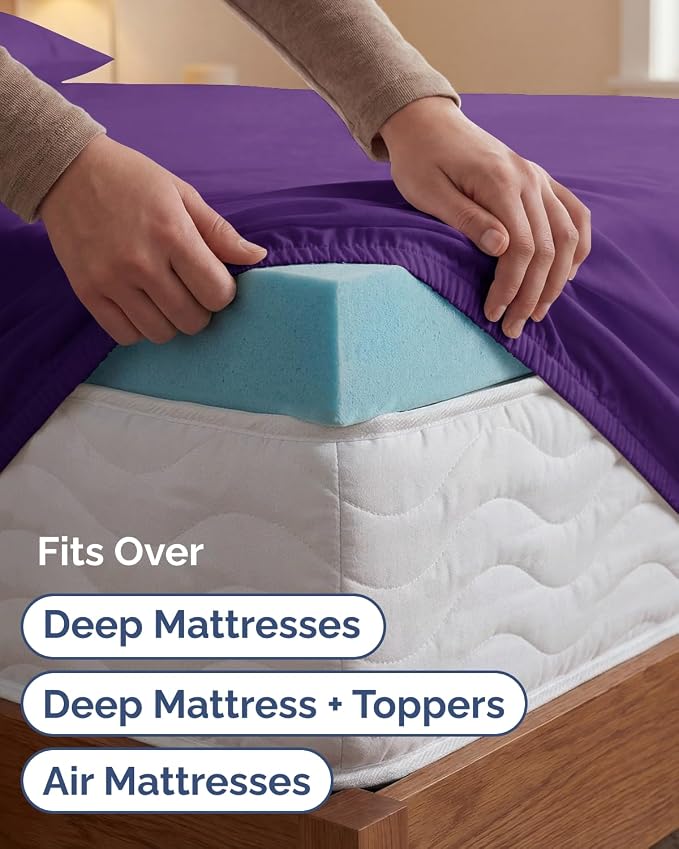 Extra Deep Twin XL Sheet Set - 3 Piece College Dorm Room - Purple | Soft, Breathable & Cooling, Easily Fits 18 to 24 inch Mattress, Wrinkle Free & Fade Resistant with Extra Deep Pockets