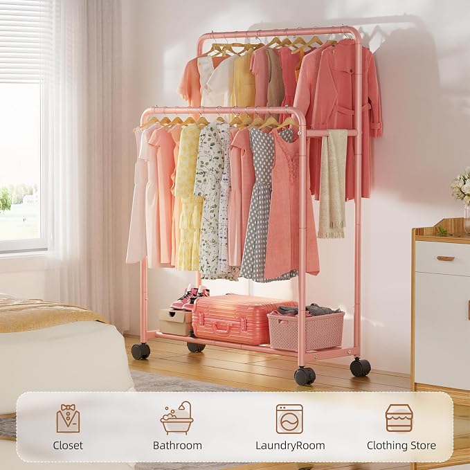 Simple Trending Clothing Clothes Rack, Double Rod Garment Rack, Pink | Portable Closet with Bottom Shelf, Anti-Slip Stoppers, 360° Lockable Wheels, Multiple Uses, Bedroom, Laundry Room