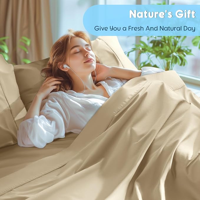 SONORO KATE 1000 Series 100% Egyptian Cotton King Sheet Set,4 Pieces | Soft,Breathable Long Staple,Sateen Weave,Luxury 5-Star Hotel Bed Sheets,16" Deep Pocket,Beige