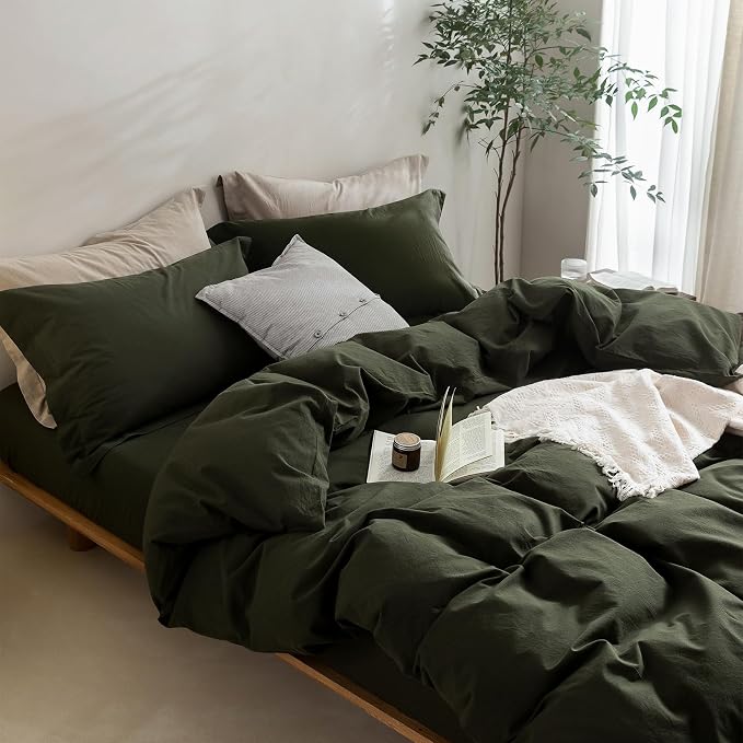 BDEAR 3Pcs Olive Green Duvet Cover Set California King Size 104" W x 98" L | 100% Washed Cotton, 1 Duvet Cover with 2 Pillowcases, Zipper Closure, OEKO TEX Standard,8 Corner Ties,Linen-Liked Texture