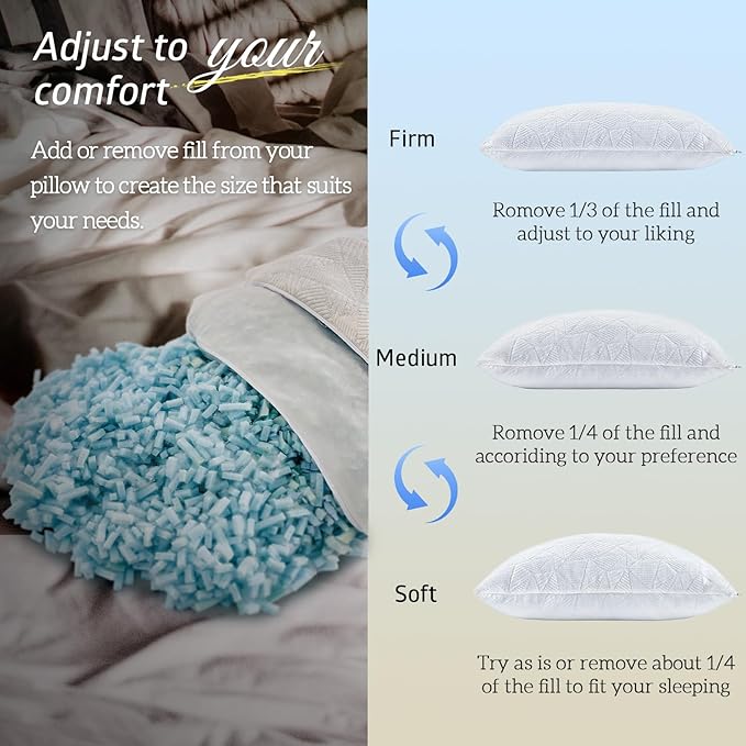 BETU Cooling Pillows Queen Size Set of 2, Shredded Memory Foam Pillows Cool for Hot Sleepers, Adjustable Firm Soft Support Bed Pillows Perfect for Back Neck Pain and Side Sleeping with Cover, White