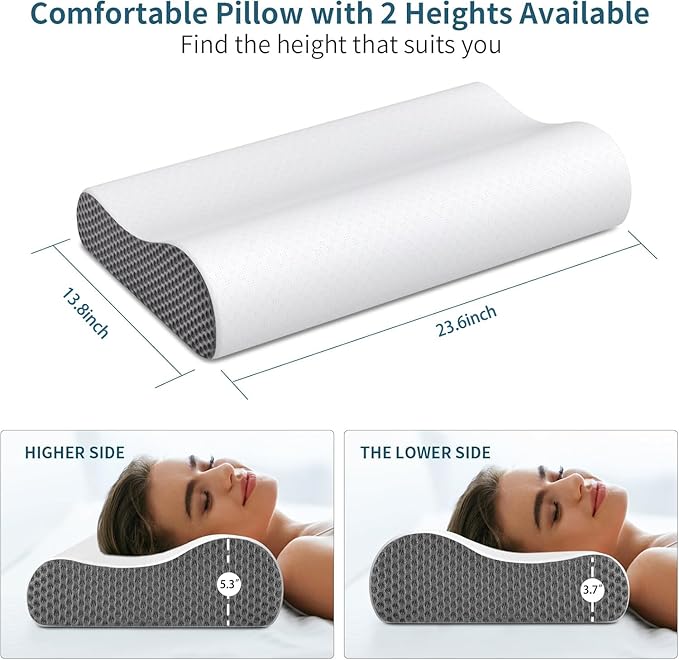 Cervical Neck Pillow for Pain Relief, Contour Memory Foam Pillows Ergonomic Pillow for Sleeping Bed Pillow Neck Support with Cooling Pillowcase Orthopedic Pillow for Side Back Sleepers(Light Grey)