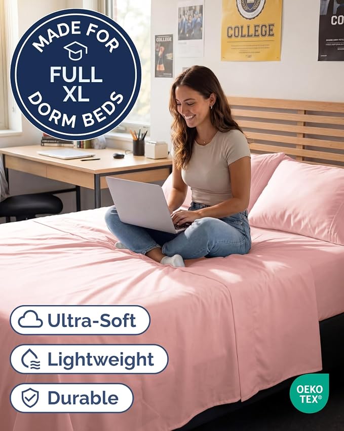Full XL Sheets - 4 Piece Full XL Sheet Set - Cool & Breathable - Baby Pink | Hotel Luxury Bedding for Women & Men with Deep Pockets, Ultra-Soft, Comfy, Easy-Fit, Wrinkle Free & Fade Resistant, Oeko-Tex