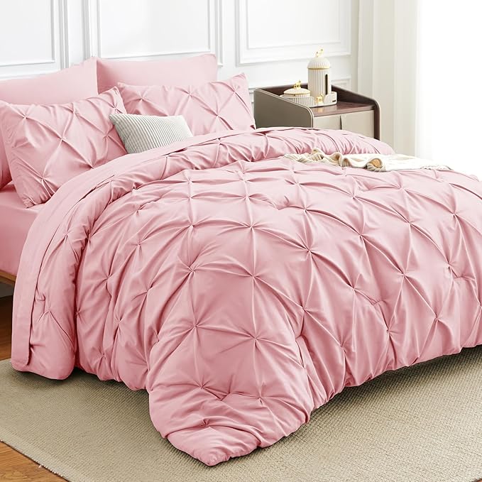HIMEET King Size Comforter Set Pink - 7 Pieces Pintuck Bed in a Bag | OEKO-TEX Certified, 240GSM Down Alternative Comforter, 14" Deep Pocket Fitted Sheet + Flat Sheet + 2 Pillowcases + 2 Shams