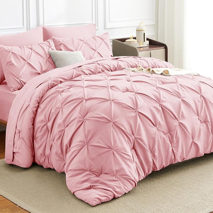 HIMEET Full Size Comforter Set Pink - 7 Pieces Pintuck Bed in a Bag | OEKO-TEX Certified, 240GSM Down Alternative Comforter, 14" Deep Pocket Fitted Sheet + Flat Sheet + 2 Pillowcases + 2 Shams