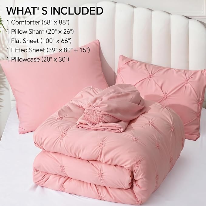 BEDELITE Twin XL Comforter Set Pink,Lightweight & Soft Comforter | 5 Pc Bed in a Bag,Boho Bedding, Warm & Cute Bed Set for All Season,with Comforter,Flat & Fitted Sheets,1 Pillowcase & 1 Sham