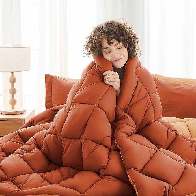 7 Pieces Oversized Queen Comforter Set, Reversible Bed in a Bag Oversized Queen Size, All Season Bedding Set with Comforter, Flat Sheet, Fitted Sheet, Pillowcases & Shams, Burnt Orange & Camel