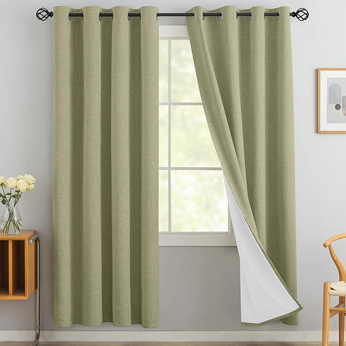 Yakamok Sage Linen Textured Curtains 72 Inches Long for Living Room | 100% Blackout Curtains,Room Darkening Curtains,Thermal Grommet Bedroom Curtain 2 Panels with Greyish White Liner,52W x 72L