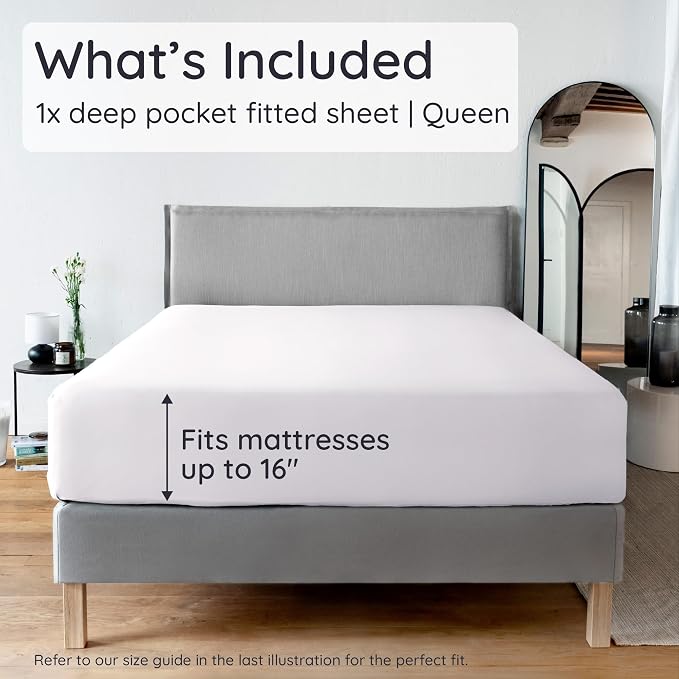 Bambaw White Queen Fitted Sheet with Elastic Corner Straps, 100% Viscose Derived from Bamboo, 16'' Deep Pocket, Queen Size