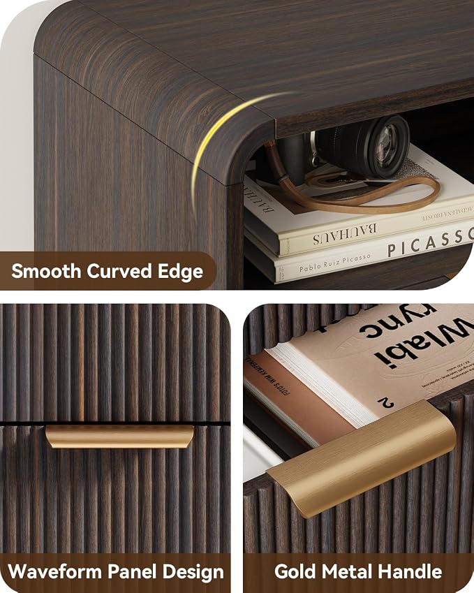 24" 2 Drawers Fluted Nightstand Set of 2, Black Walnut | 2 Drawer Bedside Table with Open Shelf, Metal Handles & Charging Station, Curved Profile End Table for Bedroom