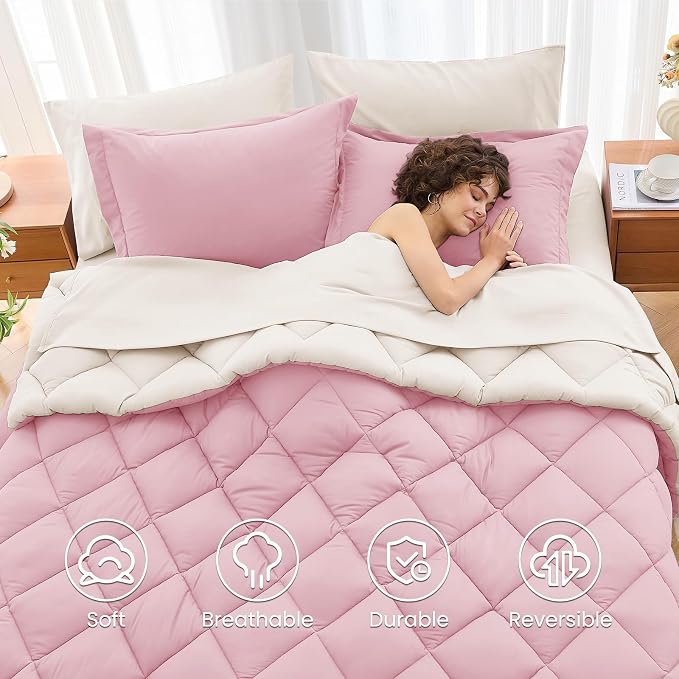 7 Pieces Queen Comforter Set, Reversible Bed in a Bag Queen Size, All Season Bedding Set with Comforter, Flat Sheet, Fitted Sheet, Pillowcases & Shams, Light Pink & Ivory