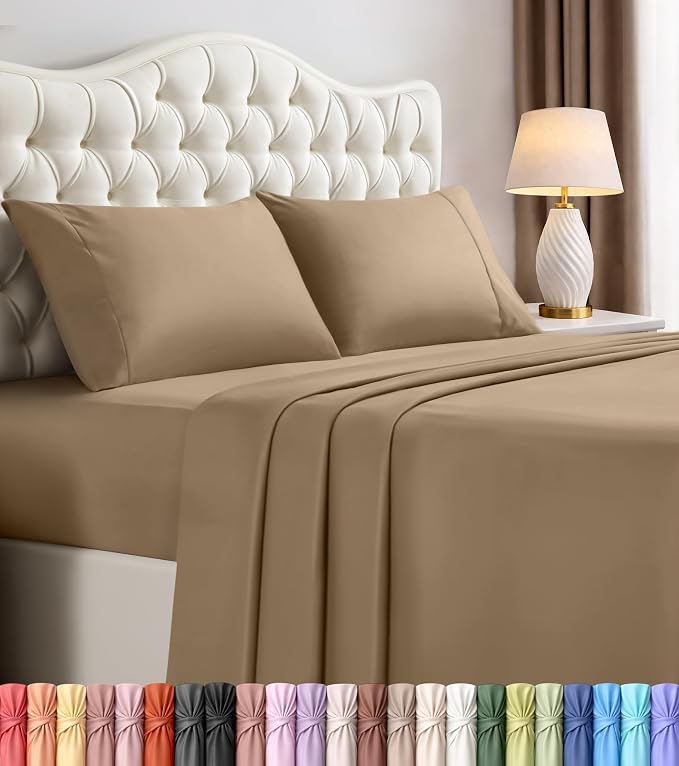 Queen Sheets Set, 4 Pieces 16" Deep Pocket Hotel Luxury Bed Sheets, Sand | Extra Soft Bedsheet Set, Comfy & Breathable Cooling Sheets, Wrinkle & Fade Resistant, Fitted Sheet, Flat Sheet, 2 Pillowcases