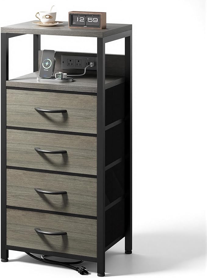 Lazzanto Night Stand with Charger Station, 4 Fabric Drawers, Grey | Nightstand, Bedside Table, Open Shelf, Built in USB-A, USB-C Port & AC Outlets, For Bedroom, Dorm, Living Room