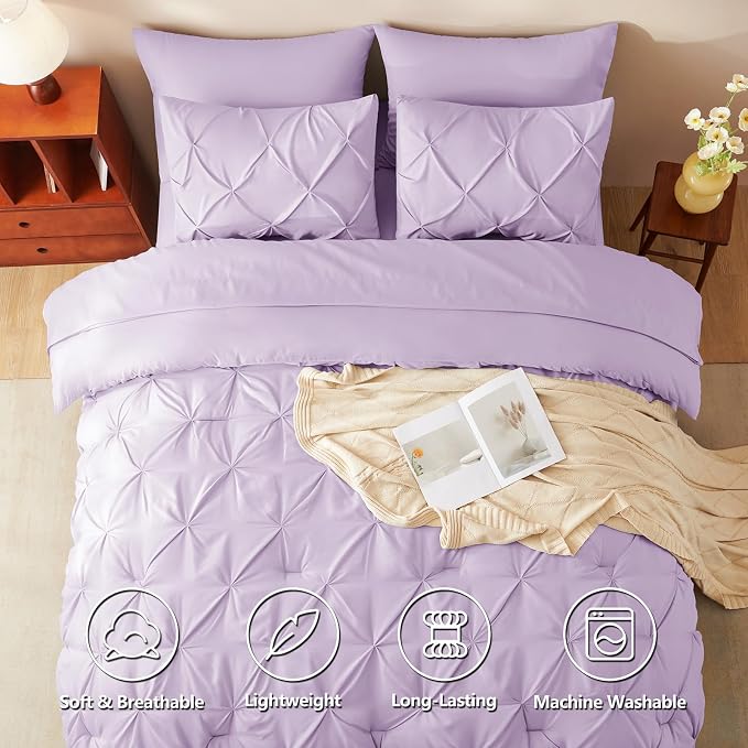 Queen Comforter Set Lavender, 7 Pieces Pintuck Bed in a Bag | OEKO-TEX 100 Certified, 240GSM All Season, Bedroom, Guest Room, Down-Alternative Comforter, Sheets, Pillowcases & Shams