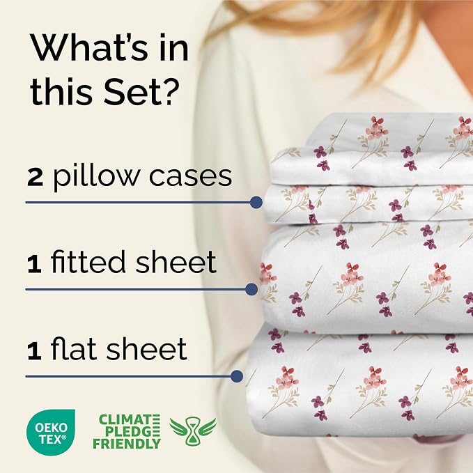 Queen 4 Piece Floral Sheet Set - Soft, Breathable & Cooling - Autumn Posy | 1 Flat, 1 Fitted & 2 Pillowcases w/ Deep Pockets, Boho Botanical Floral Bedding, Breathable & Cooling, Wrinkle & Fade Free