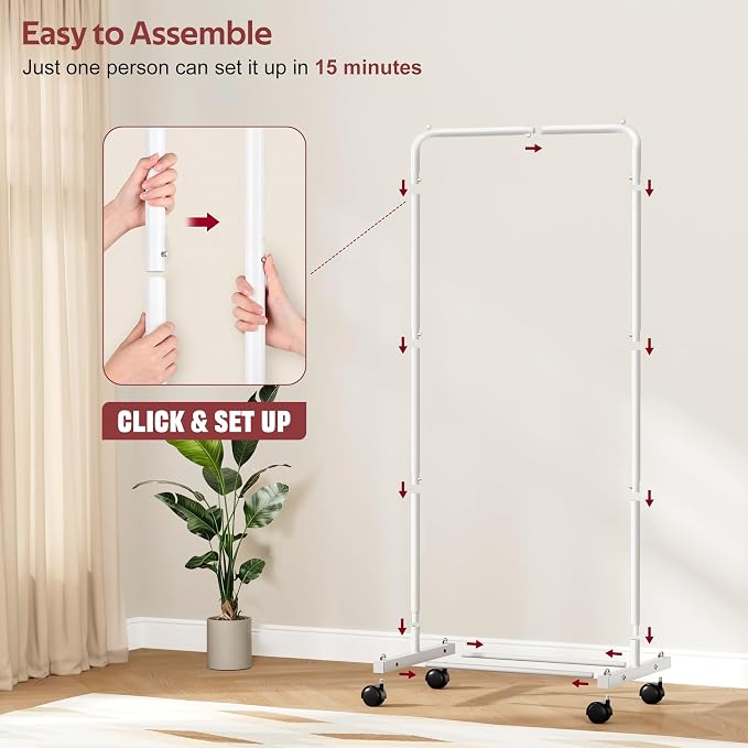 KIMBORA Small Clothing Rack with Wheels, Portable Clothes Racks for Hanging Clothes, 56" Metal Rolling Garment Rack for Coats, Jackets, and Shirts, White