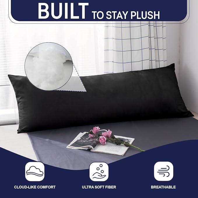 DOWNCOOL Large Body Pillow Insert- Breathable Full Body Pillow for Side Sleeper - Soft Long Bed Pillow for Adults - 20 x 54 inch （Black）