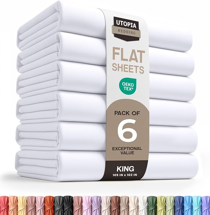 King Size Flat Sheet Only Pack of 6, Ultra Soft Hotel Sheets, White | Hotel Bedding, Cooling Comfort, Smooth Feel, Wrinkle & Fade Resistant, Easy Care, Long-Lasting, Machine Washable, OEKO-TEX