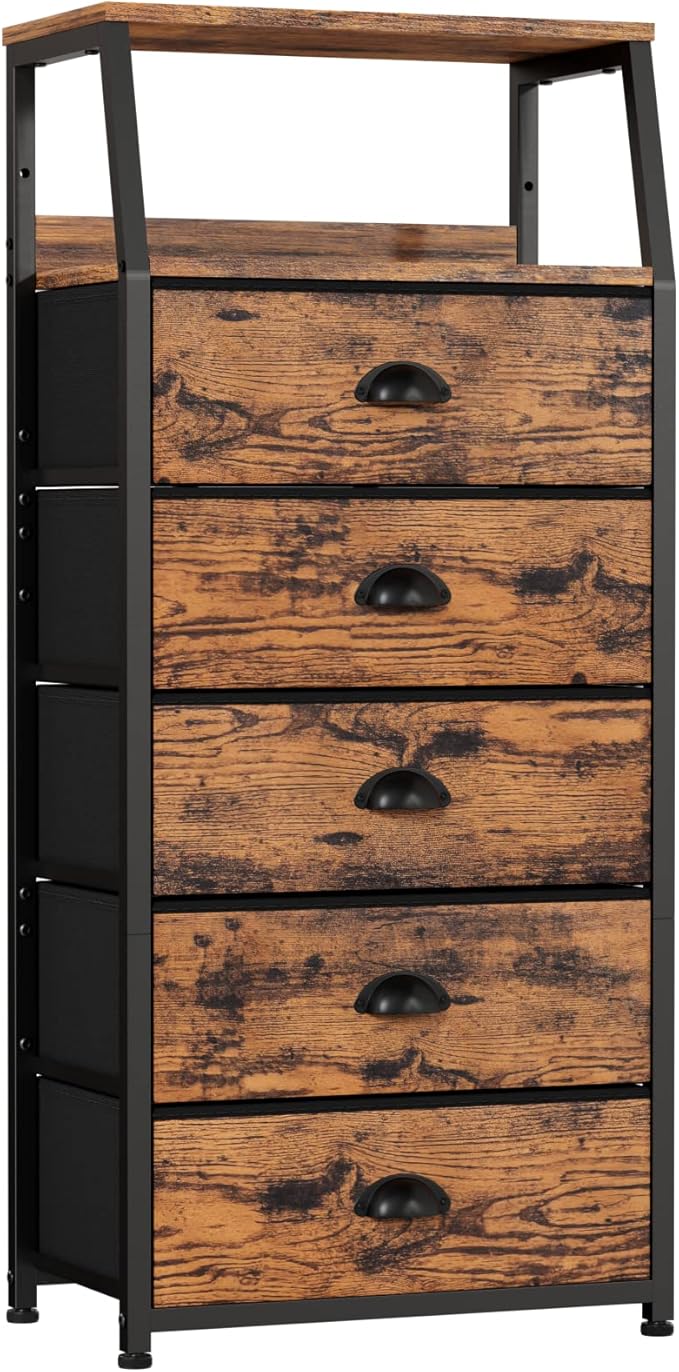 Furnulem Dresser for Bedroom, 5 Drawers Tall Nightstand, Chest of Drawers | Rustic Brown Dresser for Closet, Bedside Table with Fabric Drawer, Metal Frame, Wood Top, Easy Assembly for Dorm, Living Room
