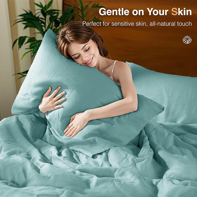 SONORO KATE 100% French Linen Queen Duvet Cover Set,Zipper Closure,3PC | Natural French Flax,Soft Breathable for Hot Sleepers,Moisture Wicking & Durable,4 Corner Ties,Aqua