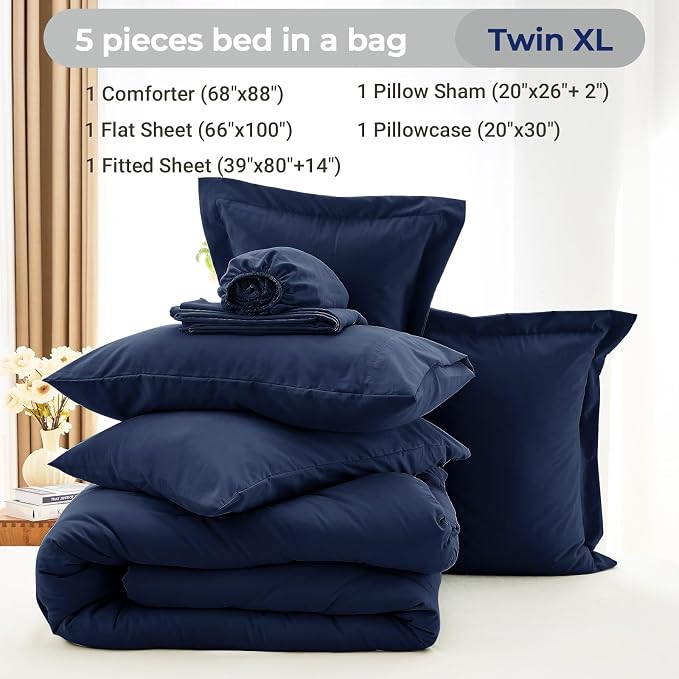 5 Pieces Twin XL Comforter Set, Soft Bed in a Bag Twin XL Size, All Season Bedding Set with Comforter, Flat Sheet, Fitted Sheet, Pillowcases & Shams, Navy Blue