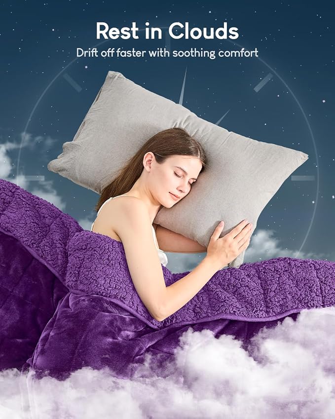 Cottonblue Fleece Weighted Blanket 15 lbs for Adults Twin Size 48x72in Soft | Cozy Flannel Sherpa Weighted Blankets Throw Comfortable for Calm Sleep Relax, Warm Fuzzy Purple Heavy Blanket for Bed Couch