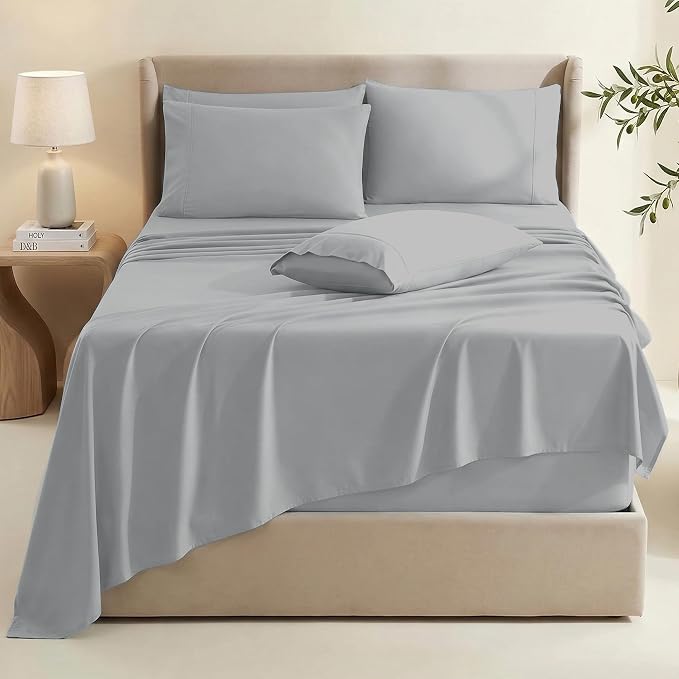 Hearth & Harbor Extra Deep Pocket King Size Sets - Fits Mattress 18-24 Inches Deep - Extra Deep Pocket Sheets - 6 Piece King Size - Silver