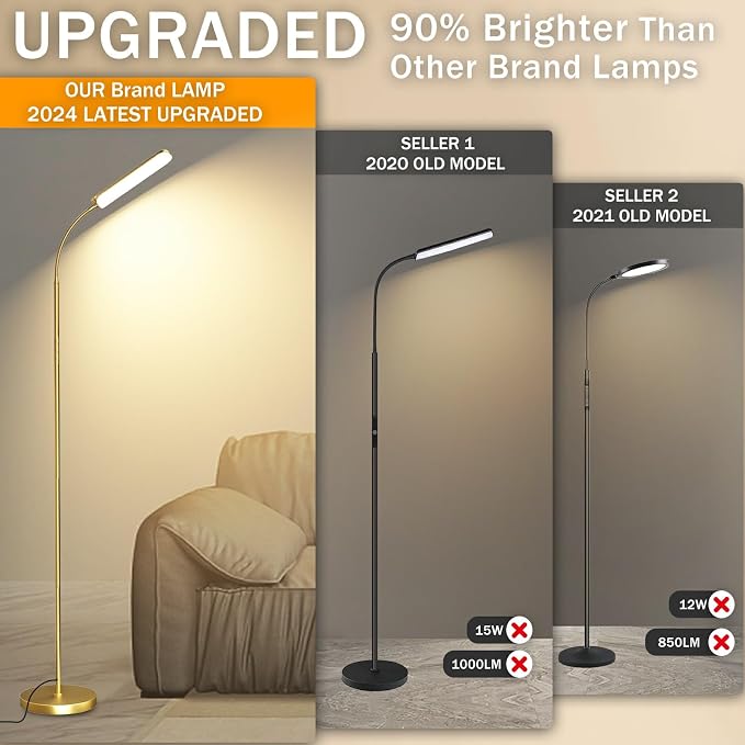 marctronic Gold Floor Lamp, 18W 1800LM Bright LED Floor Lamps for Living Room Bedroom, Dimmable Timing Eye Caring Reading Standing Lamp with Remote & Works with Smart Plug