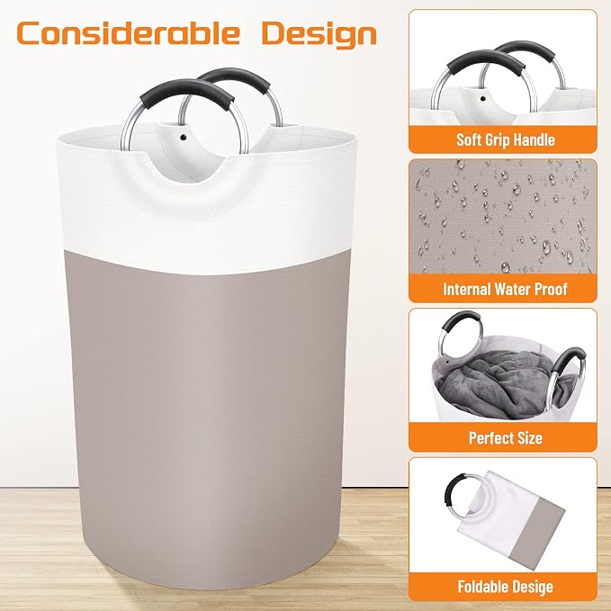 BlissTotes 75L Laundry Basket, Freestanding Collapsible Hamper, Brown | Collapsible Dirty Clothes Hamper, Foldable Laundry Bag for Dorm, Waterproof Fabric, Padded Aluminum Handles