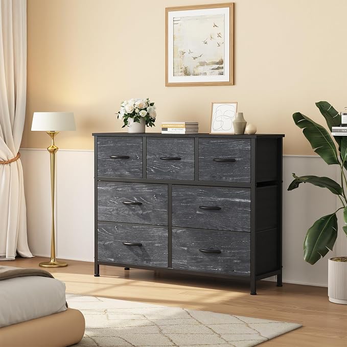 Sweetcrispy 7 Drawer Dresser for Bedroom Storage with Fabric Bins | Anti-Tip Closet Organizer, Wooden Top, Steel Frame, Spacious Drawer for Clothes Storage, Hallway Entryway, Black Wood Grain