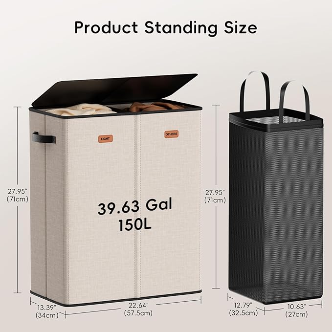 150L Double Laundry Hamper With Lid, Large Clothes Hampers with Removable Bag, Laundry Hamper 2 Section for Bathroom, Bedroom, Laundry Room, Dorm