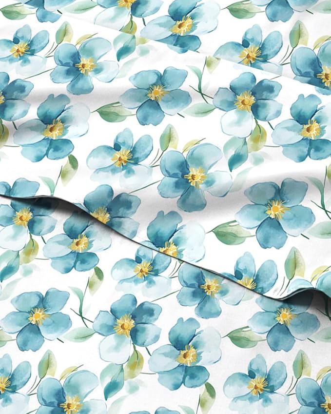 Full 4 Piece Floral Sheet Set - Breathable & Cooling - Blue Meadow Bloom | 1 Flat, 1 Fitted & 2 Pillowcases w/ Deep Pockets, Boho Botanical Floral Bedding, Breathable & Cooling, Wrinkle & Fade Free