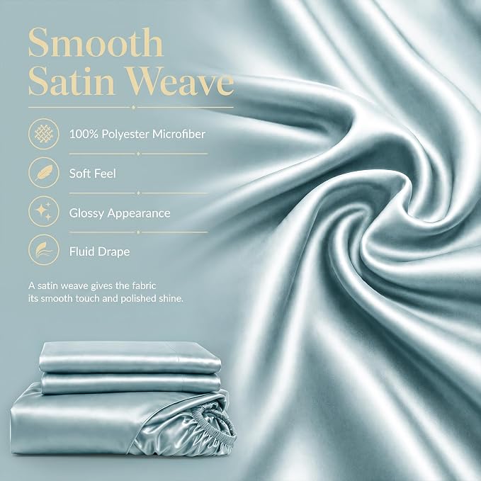 CozyLux Satin Sheets Queen, 4-Piece 14-Inch Deep Pocket Sheet Set | OEKO-TEX Certified Silky Soft Sheet Set for Hair & Skin, Luxurious Silky-Smooth Satin for Elegant Bedroom Decor, Light Blue