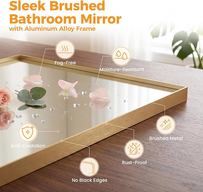 Sweetcrispy Bathroom Mirrors, Vanity Mirror, Wall Mount, 24x36 Inch | Tempered Glass, Anti-Rust Metal Frame, Over Sink Home Decor, Modern Rectangle Style, Gold