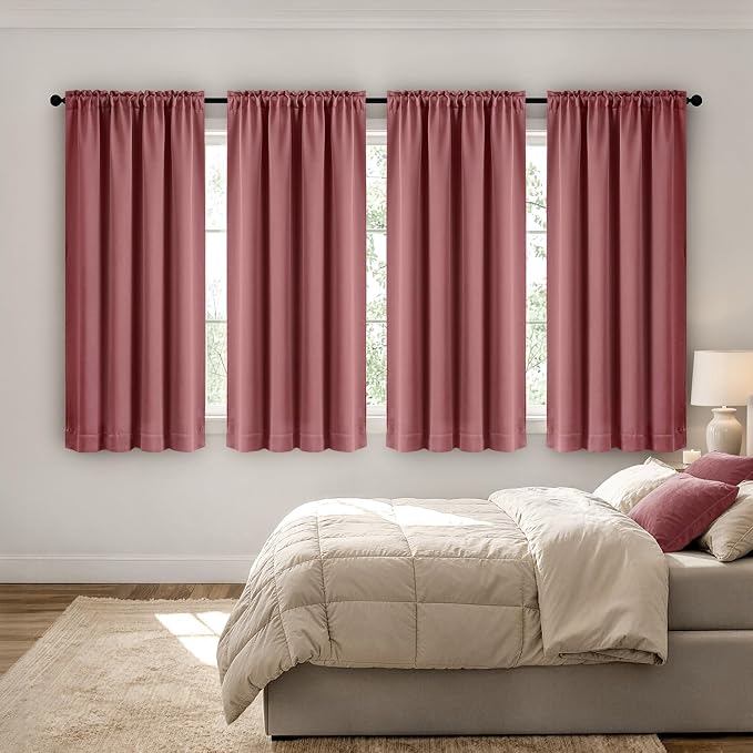 MIULEE 4 Panel Set Short Bedroom Blackout Curtains 54 Inch Long Dusty Rose | Thermal Curtains for Summer Heat, Light Blocking Privacy Window Drapes, Top&Bottom Rod Pocket