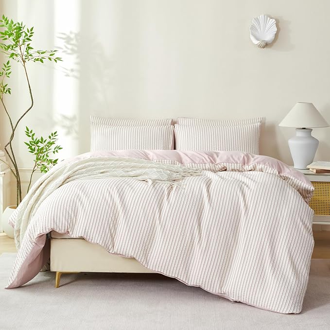 Comforter Set King Size Dusty Pink Soft Luxury Washed Microfiber Jacquard 3 Pieces Bedding Set, White Dusty Pink Vertical Ticking Stripes Comforter with 2 Pillowcases Breathable Durable Comfy