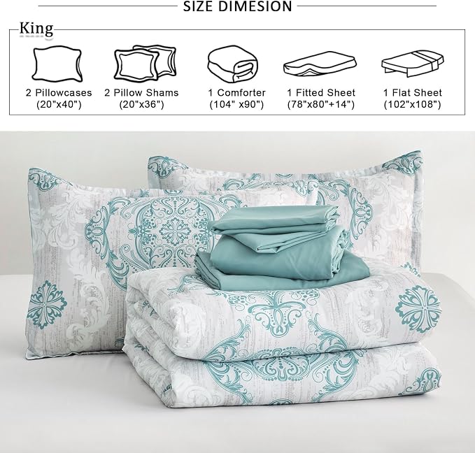 WONGS BEDDING Aqua Comforter Set King Size, Damask Texture 7 Pieces Bed in a Bag Microfiber Bohemian Comforter Bedding Sheet Set with Comforter, Flat Sheet, Fitted Sheet, Pillow Shams, Pillowcases