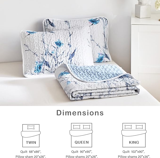 Botanical Quilt Set 3 Pieces Full/Queen Size, Blue Flower Branch on White Reversible Bedspread Coverlet Set, Soft Microfiber Lightweight Bed Cover for All Season (90" x 90", 1 Quilt+ 2 Pillow Shams)
