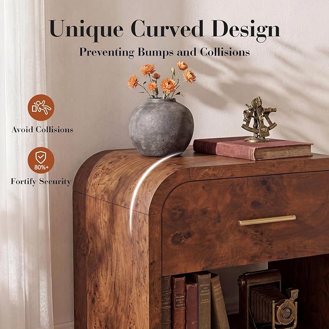 Night Stand Set of 2 [Unique Curved Profile] [FSC-Certified Wooden Board] 1-Drawer and 1 Storage Shelf Nightstand 24" H Metal Handle Modern Bedside Table Side Table End Table | [Curved Profile] [FSC-Certified Wooden Board] Nightstand 24" H Metal Handle...