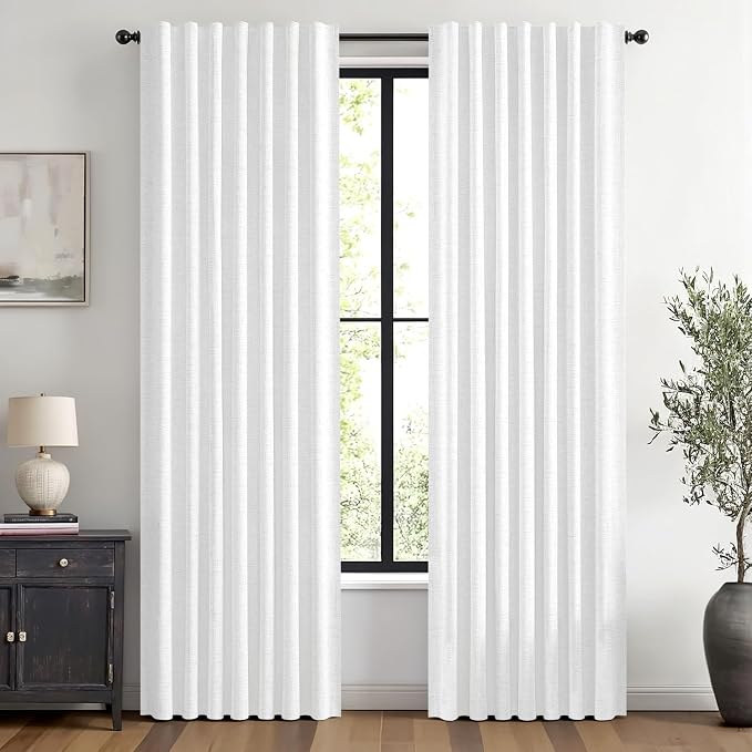 MIULEE 100% Blackout Linen Curtains 42 x 90 Inch Bright White 2 Panels | Thermal Insulated, Room Darkening Drapes for Bedroom Living Room, Back Tab Rod Pocket Pinch Pleated, Solid Luxury Decor