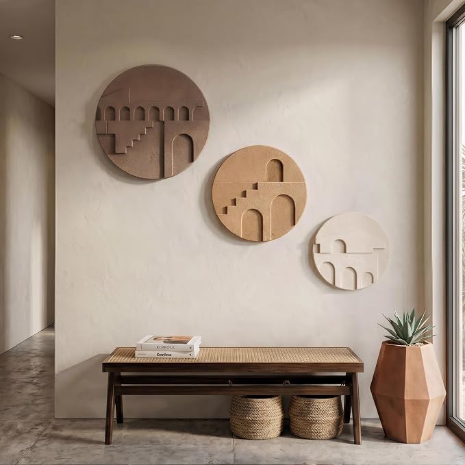 3D Textured Round Neutral Abstract Boho Wall Art for Living Room, 3 Piece | Modern Minimalist Geometric Sculpture Artwork for Walls, Bohemia Earth Tone Paintings, Bedroom Dining Room Office Wall Decor