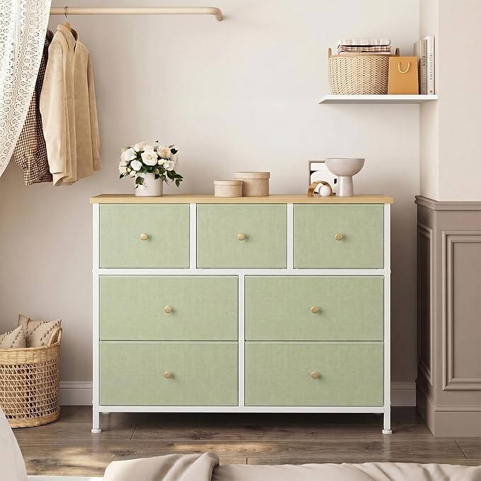 OLIXIS 7 Drawer Fabric Dresser, Storage Tower for Bedroom and Closet | Easy-Pull Bins for Closet Organizers, Chest of Drawers with Steel Frame & Wooden Top for Living Room, Entryway, Light Green