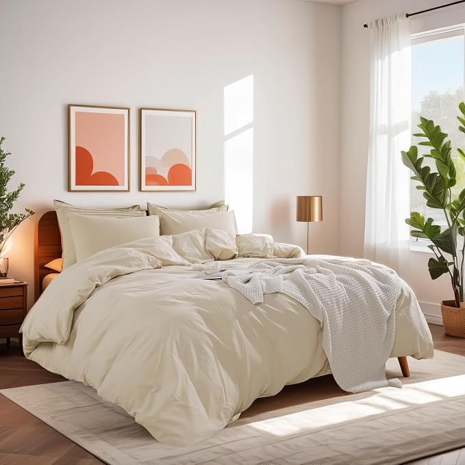 NEXHOME PRO 100% Washed Cotton Duvet Cover Super King 108"x98" Linen Look Textured Organic Natural 3 Pieces Bedding Set with Zipper Closure, Breathable (No Comforter)